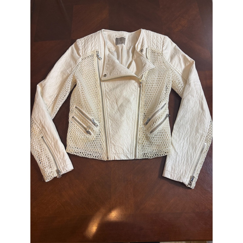 Guess Los Angeles Women's White‎ Moto Jacket Mesh Faux Leather Size S